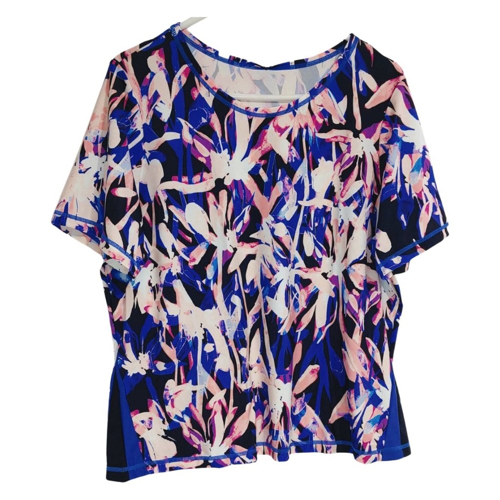 Swimsuits For All Multi Color Blue-White Chlorine Resistant Swim Tee in Size 18